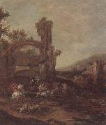 unknow artist An architectural capriccio with a cavalry engagement,a landscape beyond Spain oil painting artist